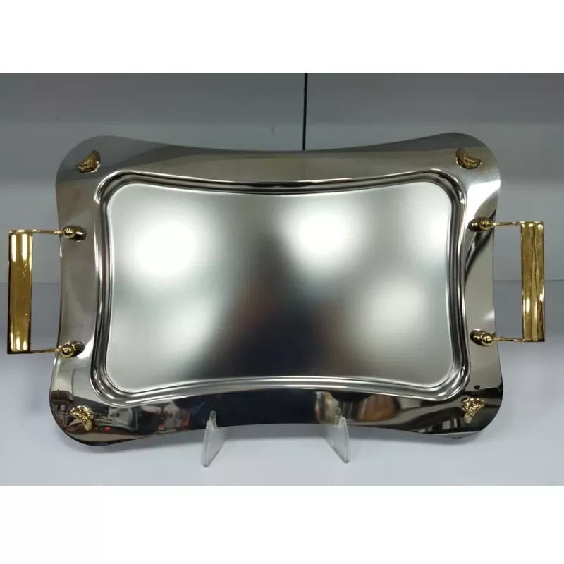 خرید سینی استیل طلایی نگین آلفا مستطیل بزرگ پایه دار ساده S692-5SG  ساپر 