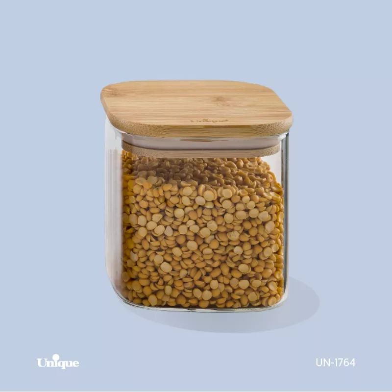 خرید بانکه شیشه ای درب چوبی مربع 10 سانت UN-1764 یونیک	
