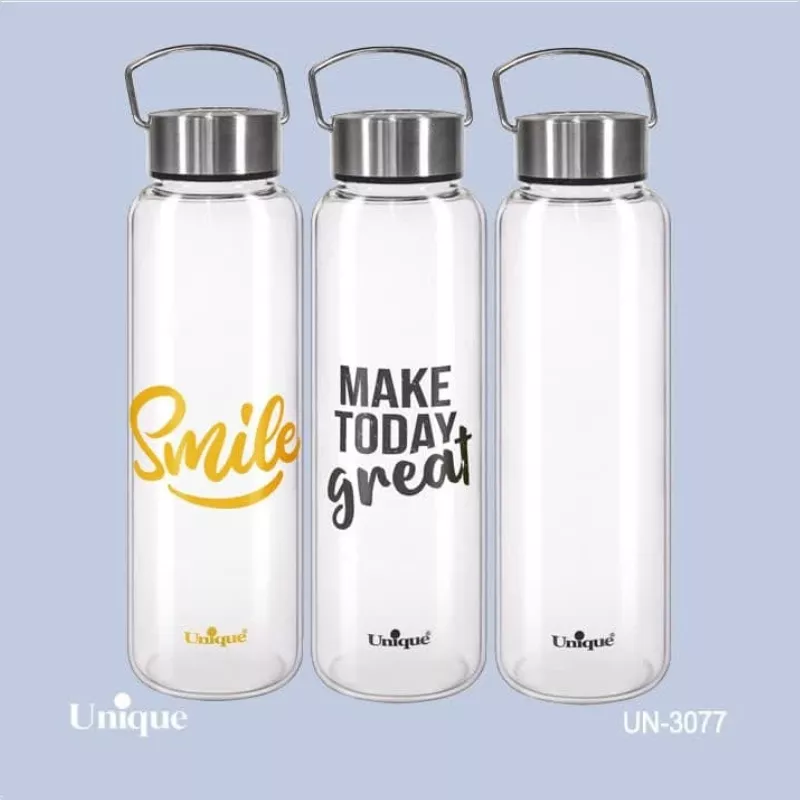 خرید بطری آب شیشه ای با درب استیل UN-3077 یونیک	