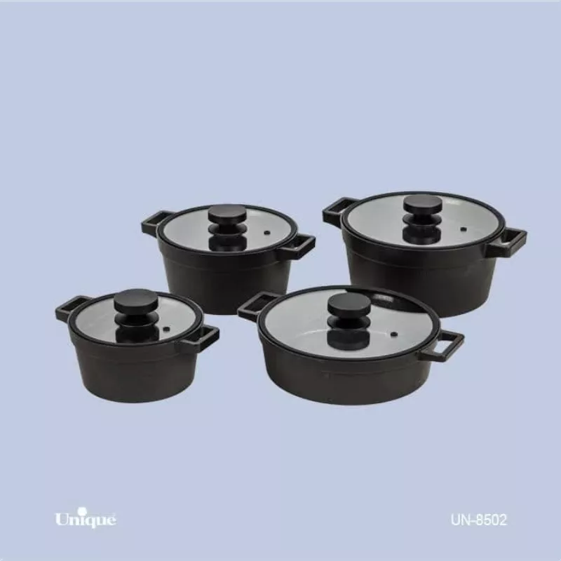 خرید سرویس قابلمه 8 پارچه چدن گرانیت مشکی دیاموند درب سیلیکون  UN -8502 یونیک	