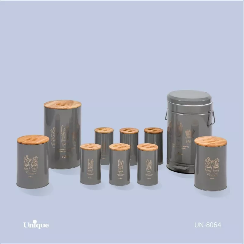 خرید سرویس آشپزخانه 10 پارچه فانتزی طوسی کاکتوس درب بامبو UN-8064 یونیک	
