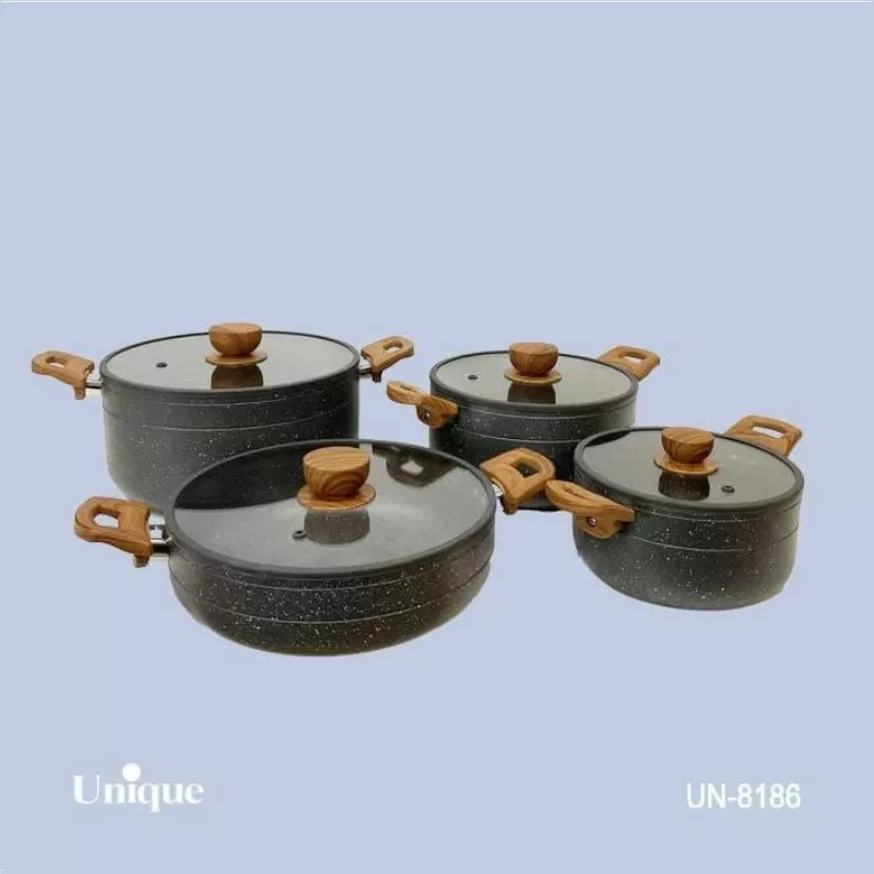خرید سرویس قابلمه 8 پارچه طوسی گرانیت دسته و قپه چوبی  UN-8186 یونیک	