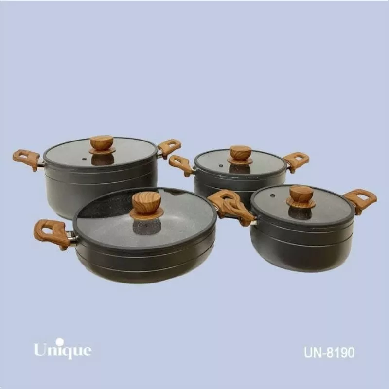 خرید سرویس قابلمه 8 پارچه گرانیت درب سیلیکون دسته چوبی طوسی UN-8190 یونیک	